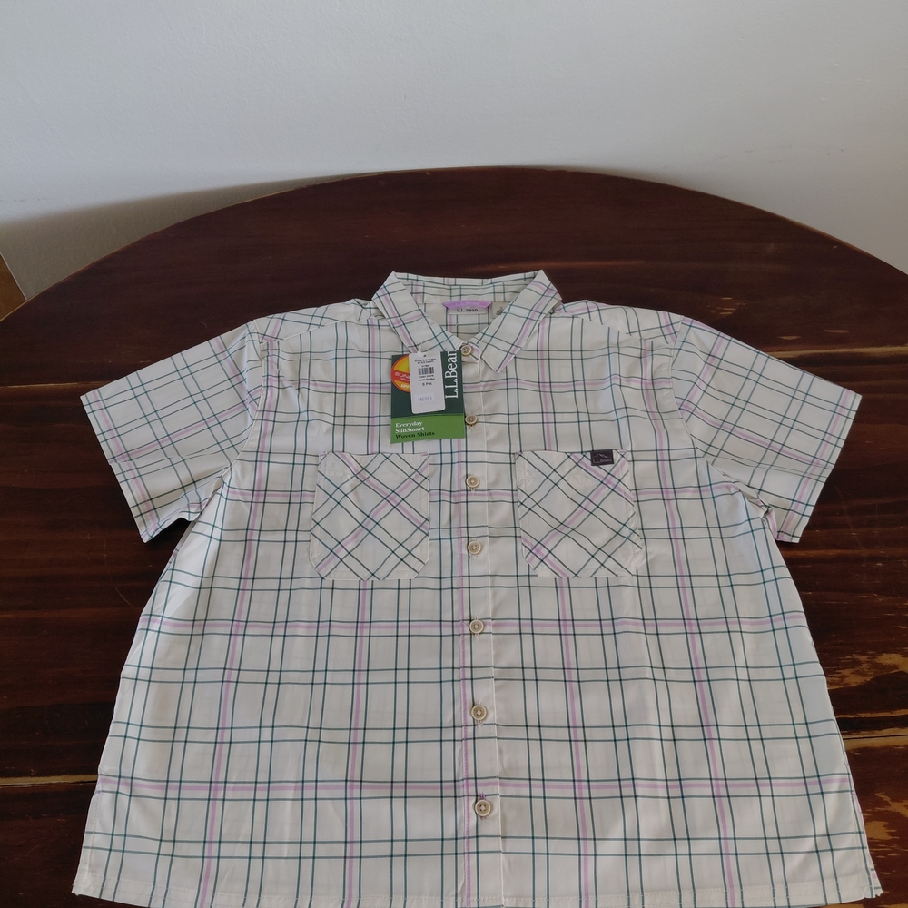LL Bean UV Short Sleeve Hiking Shirt Plaid Cream and Purple